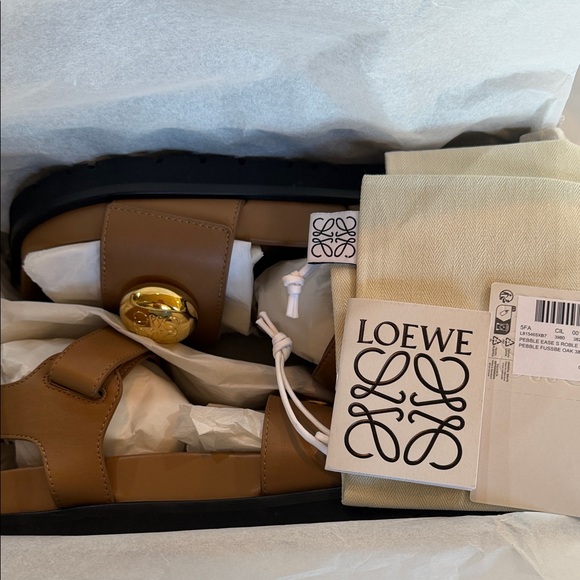 Loewe Brown Leather Slide Sandals with Gold Medallions - Picture 3 of 6